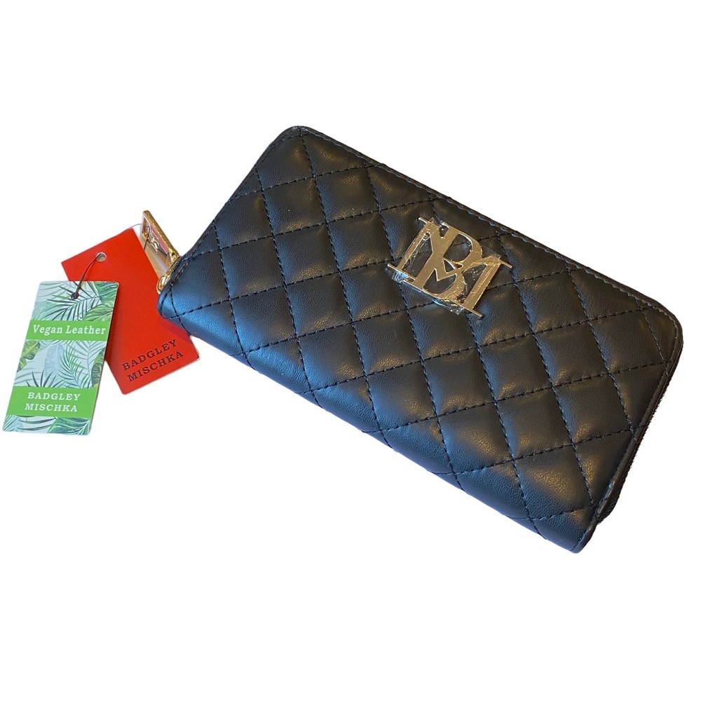 Badgely Mischka Black Diamond Quilted Vegan Leather Zippy Long Wallet NWT